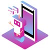 Illustration of a chatbot icon and a cell phone