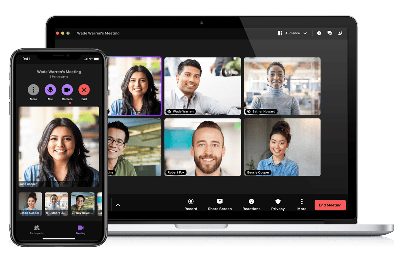 image of woman using vonage meetings with overlay of participants screenshot