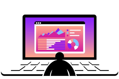 Image of a person in front of a large computer screen that has a browser open with data charts