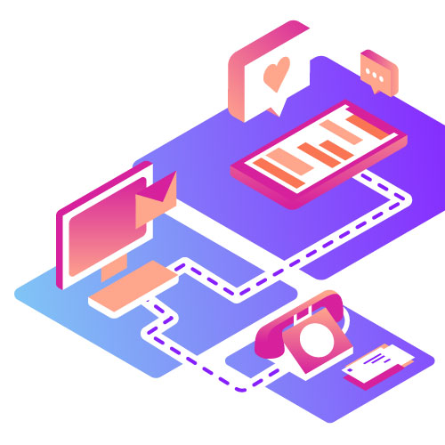Illustration showing the path or digital transformation from desk phone to computer to cell phone and beyond