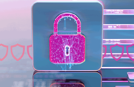 Image shows a blue CPU with a purple pink lock on it indicating cybersecurity measures; the CPU rests against another stack of CPUs piled behind it to the right; a chain of badge outlines runs through the center of the image to indicate security