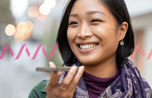 Photoillustration of a woman holding a cell phone with a smile on her face