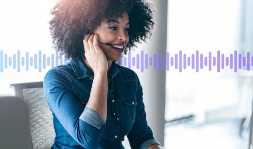 Photo of smiling call center agent talking to a customer on her phone headset. In the background, a series of small gradient purple lines runs across the frame.