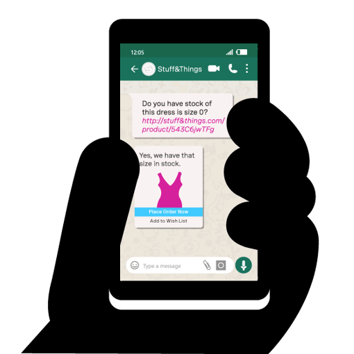 Illustration of a mobile phone with a WhatsApp conversation on it between a business and a customer asking about stock of a clothing item