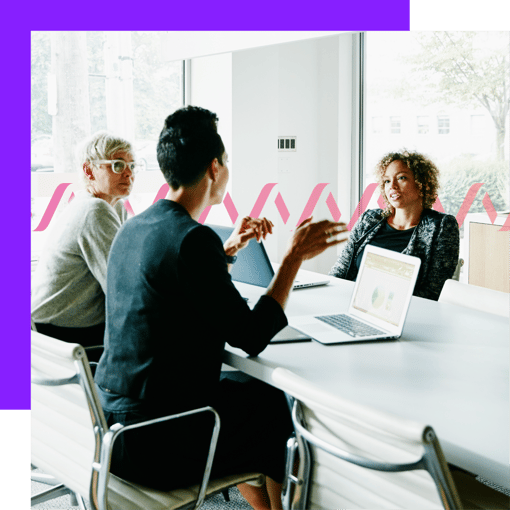 Photoillustration of three people talking in a conference room
