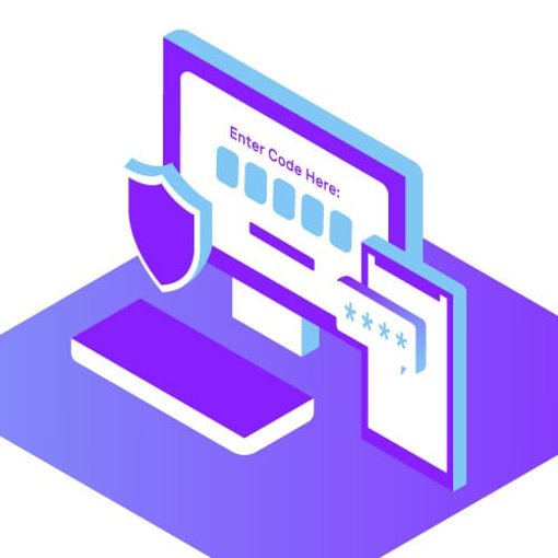 Illustration depicting two-factor authentication; a cell phone shows a four digit-code, beside it a computer screen has a row of boxes for the code to be entered