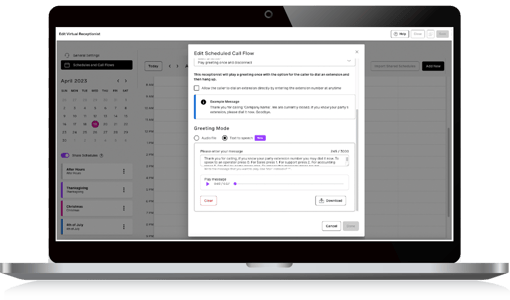 Virtual Receptionist Call flow toggle screenshot on laptop