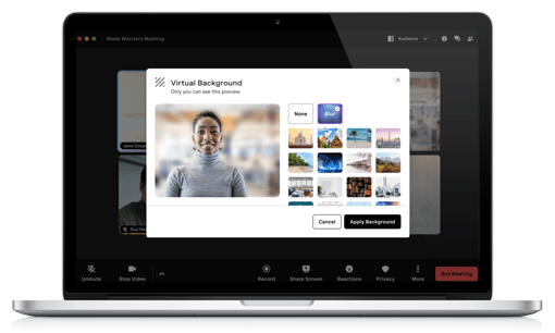 VBC Meetings Virtual Background blur for video screenshot on laptop