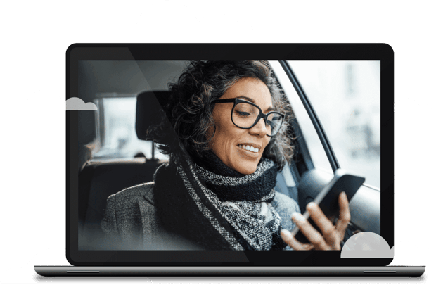 Laptop image with a still frame of a woman using a mobile app