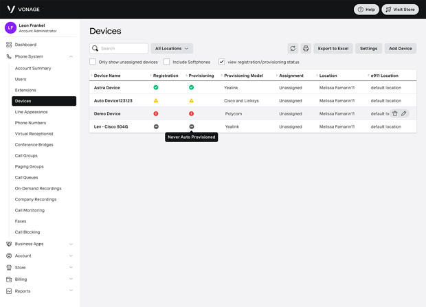Screen capture of Vonage Business app
