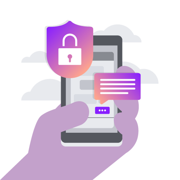 Illustration of a hand holding a cell phone. Two icons float in front of the screen representing text messages and security.