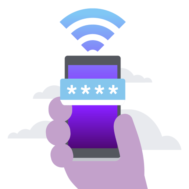 Illustration of a hand holding a cellphone. Above the phone are wave forms representing connectivity, and on the screen is a field with four asterisks representing a PIN or security code.