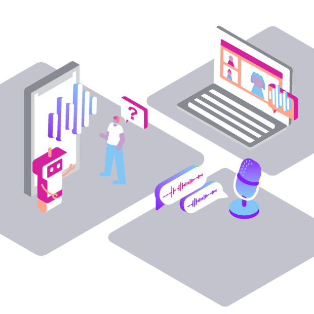 Illustration using icons to show the different aspects and uses of speech recognition technology, including a standalone microphone, laptop computer, and AI.