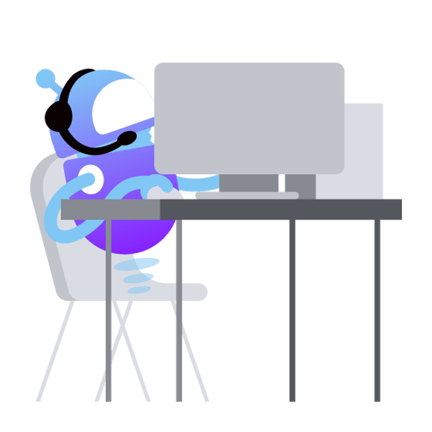 Illustration of a robot sitting at a desk while working on a computer