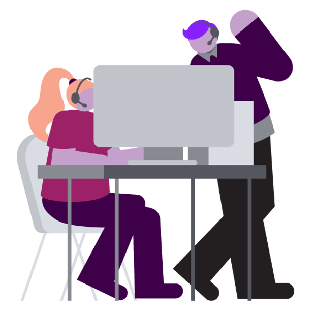 Illustration of a contact center, with one female agent seated working at her desk and a manager standing beside her desk, giving her feedback.