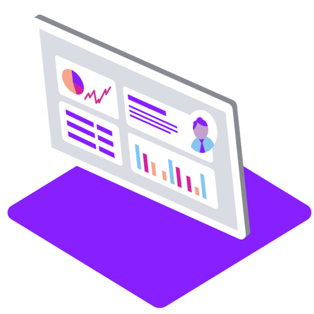 Illustration of a data card showing various charts and information fields about the customer's activity history with a business.