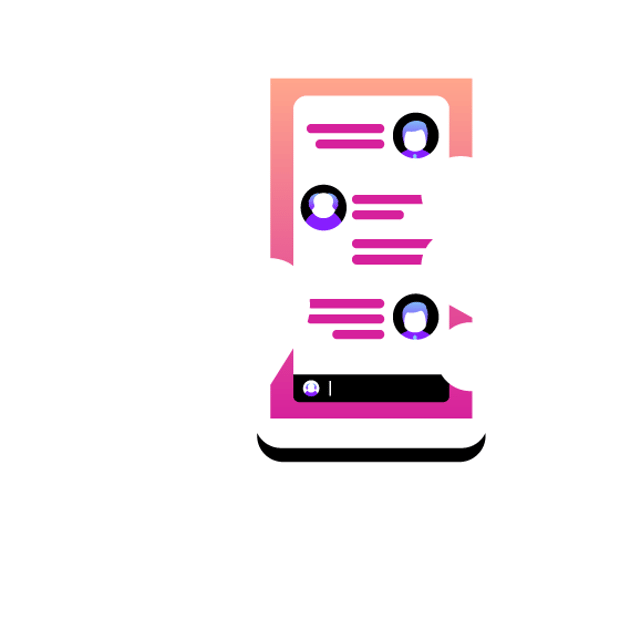 Illustration of a hand holding a mobile phone with a two-way messaging conversation on the screen