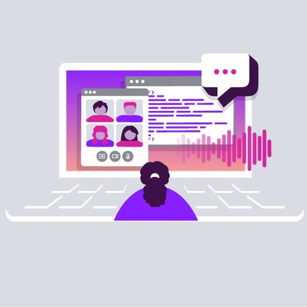 Illustration of a person sitting in front of an oversized laptop. On the screen can be seen a multi-person video conference in action, along with an ongoing text conversation.
