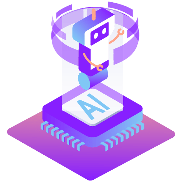 Illustration of a robot icon floating above an AI icon, representing virtual receptionists and AI virtual assistants