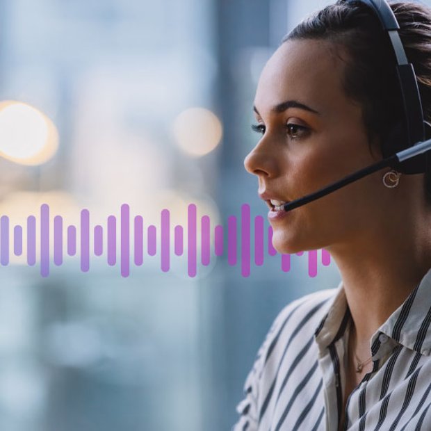 Photo of an agent or employee talking to a customer via her headset. In the background are stylized wavelength illustrations representing digital communications.