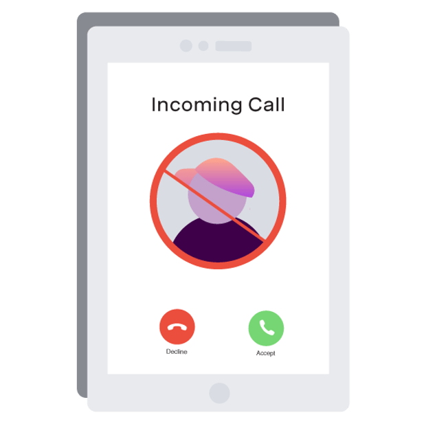 Illustration of a cell phone. On the top of the screen, it says Incoming Call. Under that is an icon of a headshot with a line through it, with Decline or Accept buttons. 
