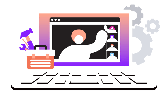 Illustration of computer screen showing multiple people participating in a video meeting; a toolbox sits to the side of the screen