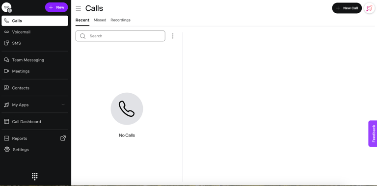 Screenshot of the Calls section of the VBC app
