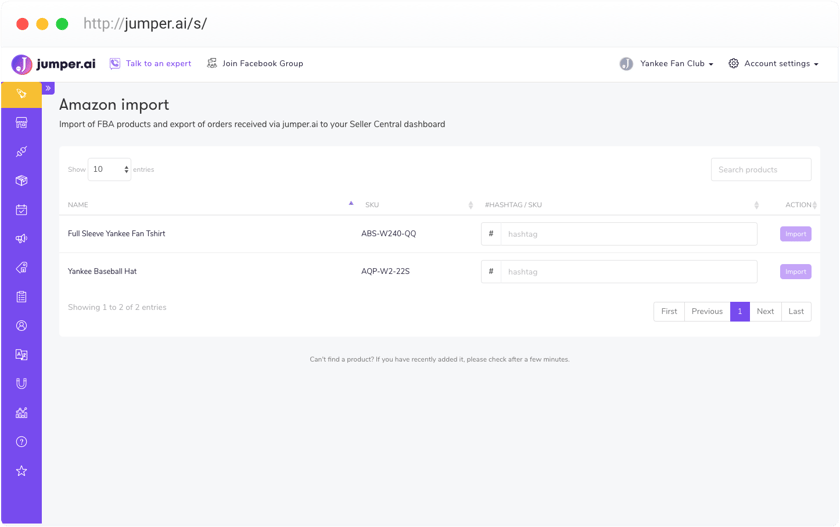 Screenshot of Jumper dashboard with Amazon import details