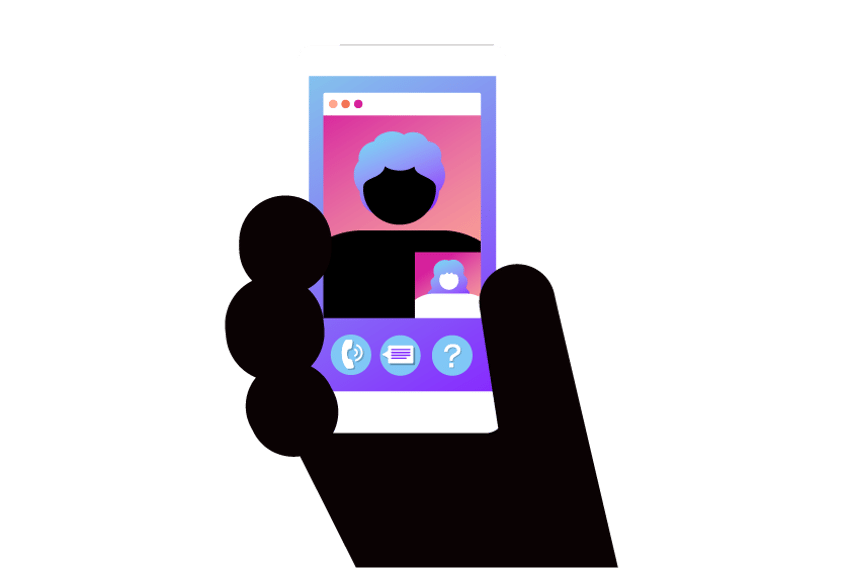 Illustration of a hand holding a cell phone. On the screen are shown two face on separate windows, representing a multi-line conversation.