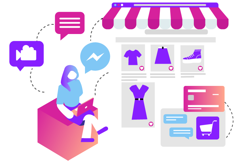 Illustration of a woman sitting outside a brick-and-mortar store. She is using her laptop, and we see icons representing her shopping for clothes items, watching videos, chatting with store clerks, and making purchases online. 
