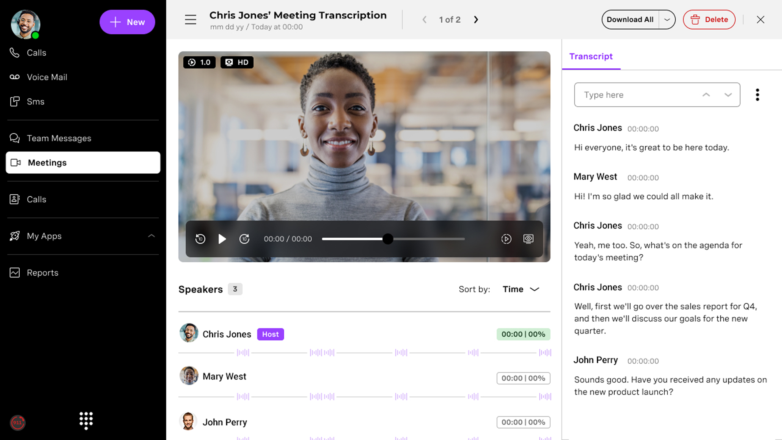Screenshot of the Unified Communications Voice Transcription feature for meetings. 